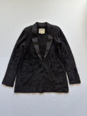 L’Agence Baileigh Satin Lapel Fuzzy Knit Cardigan Blazer Black Medium
